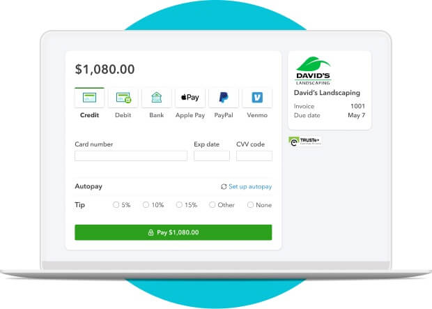 Customer view of a QuickBooks invoice from David’s landscaping, with multiple payment options including debit and credit card, Apple Pay, PayPal, and Venmo.