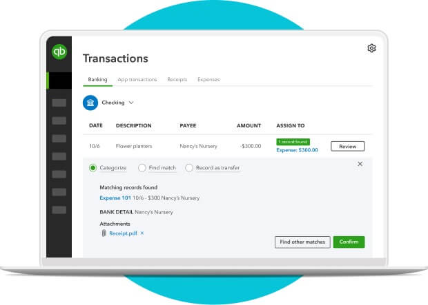 Banking transactions screen in QuickBooks.