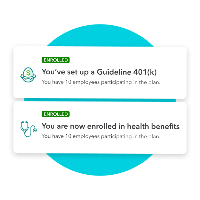 Cards showing enrollment in Guideline 401(k) and health benefits.