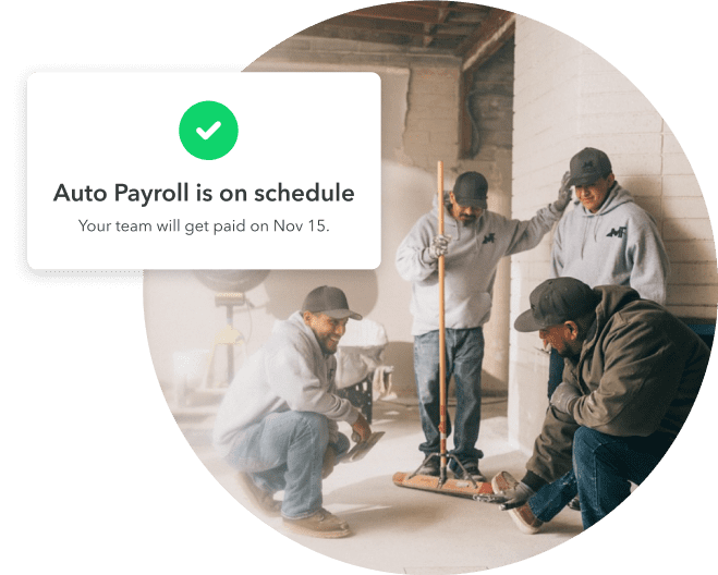 Team of employees discussing a job with their employer with an overlay image that says auto payroll is on schedule and the team will get paid on Nov 15.
