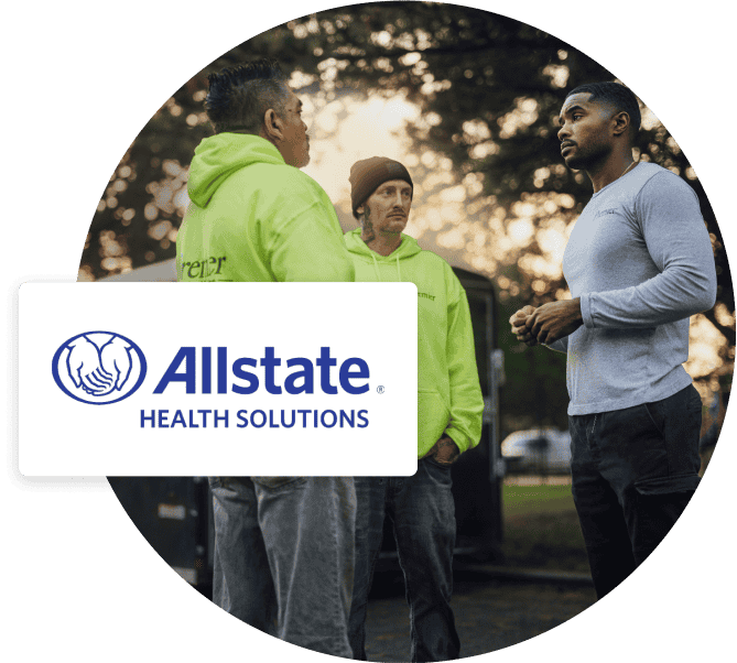 Landscape employees talking with their employer with an overlay of the Allstate Health Solutions logo.