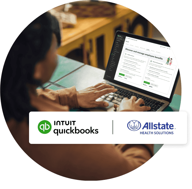 A business owner browsing benefits inside the QuickBooks Payroll dashboard with an overlay of the Intuit QuickBooks and Allstate health solutions logos.