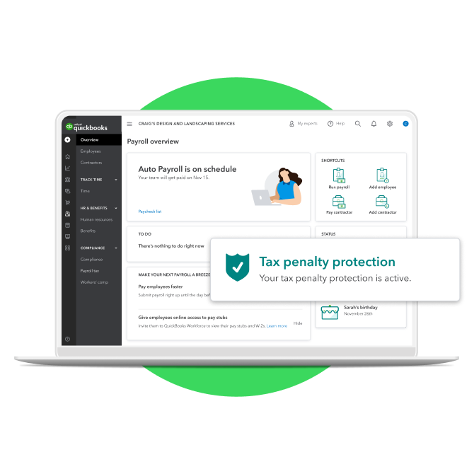 Laptop showing the Payroll overview page with tax penalty protection active.