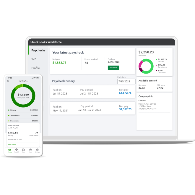 A laptop and a mobile phone displaying current and past pay information in the QuickBooks Workforce portal and app for employees.