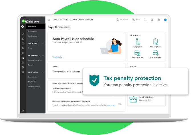 Tax penalty protection highlighted on the Payroll dashboard.