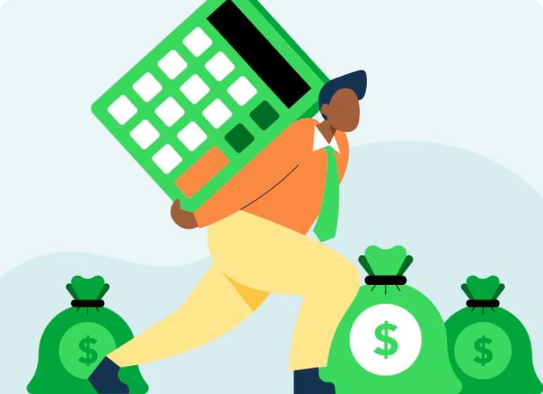 An illustration of a person with a calculator on their back and bags of money on the ground. 