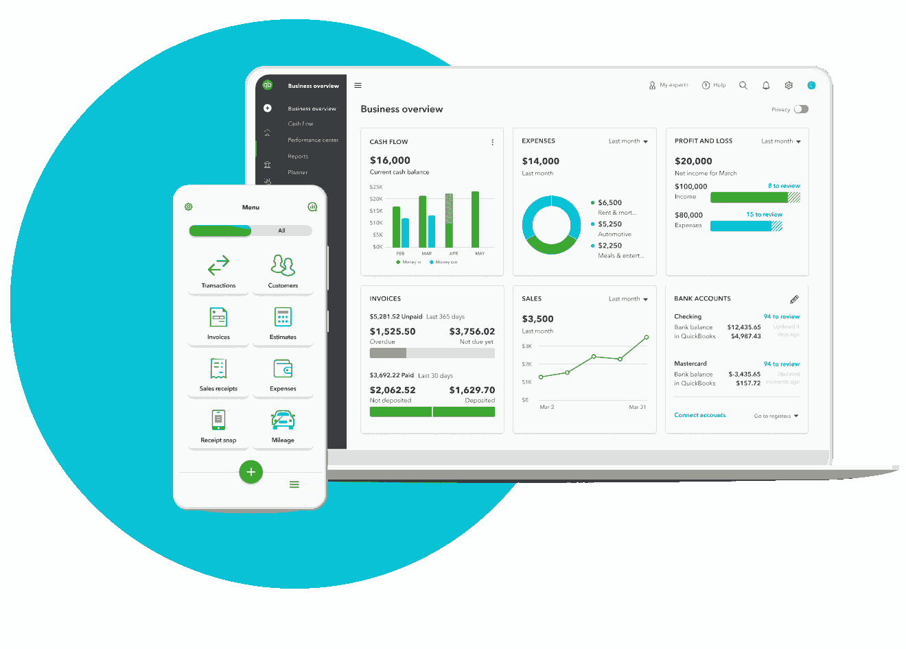 An illustration showing a mobile phone displaying the QuickBooks app Quick Action buttons. Behind the mobile phone is an open laptop displaying the QuickBooks Online business overview dashboard.