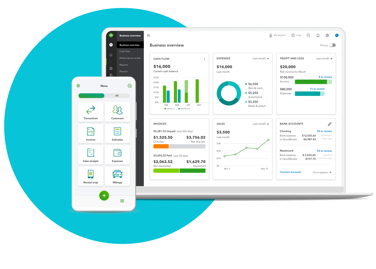 An illustration showing a mobile phone displaying the QuickBooks app Quick Action buttons. Behind the mobile phone is an open laptop displaying the QuickBooks Online business overview dashboard.