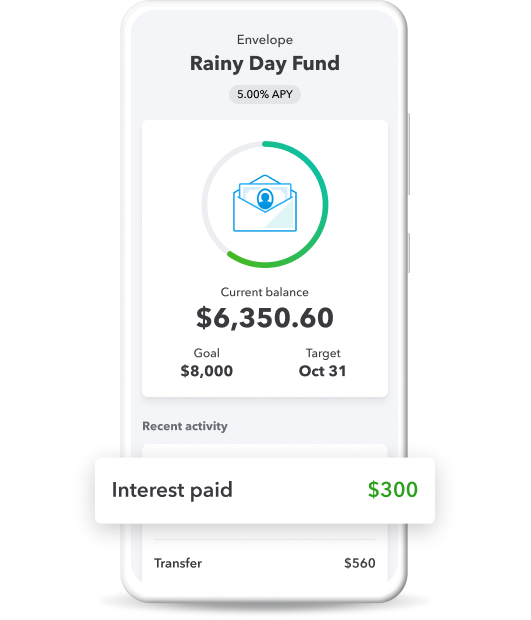 A phone showing a QuickBooks Checking savings Envelope where money is set aside for a rainy day.