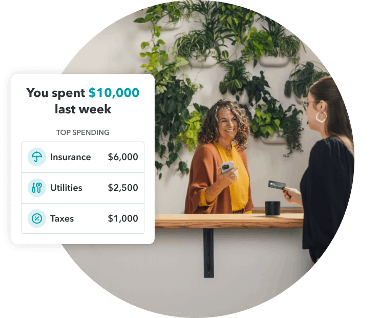 A business owner behind the counter of a plant nursery is talking to a customer holding a credit card. A collage showing dashboard widget in QuickBooks for three top customer spending categories.  