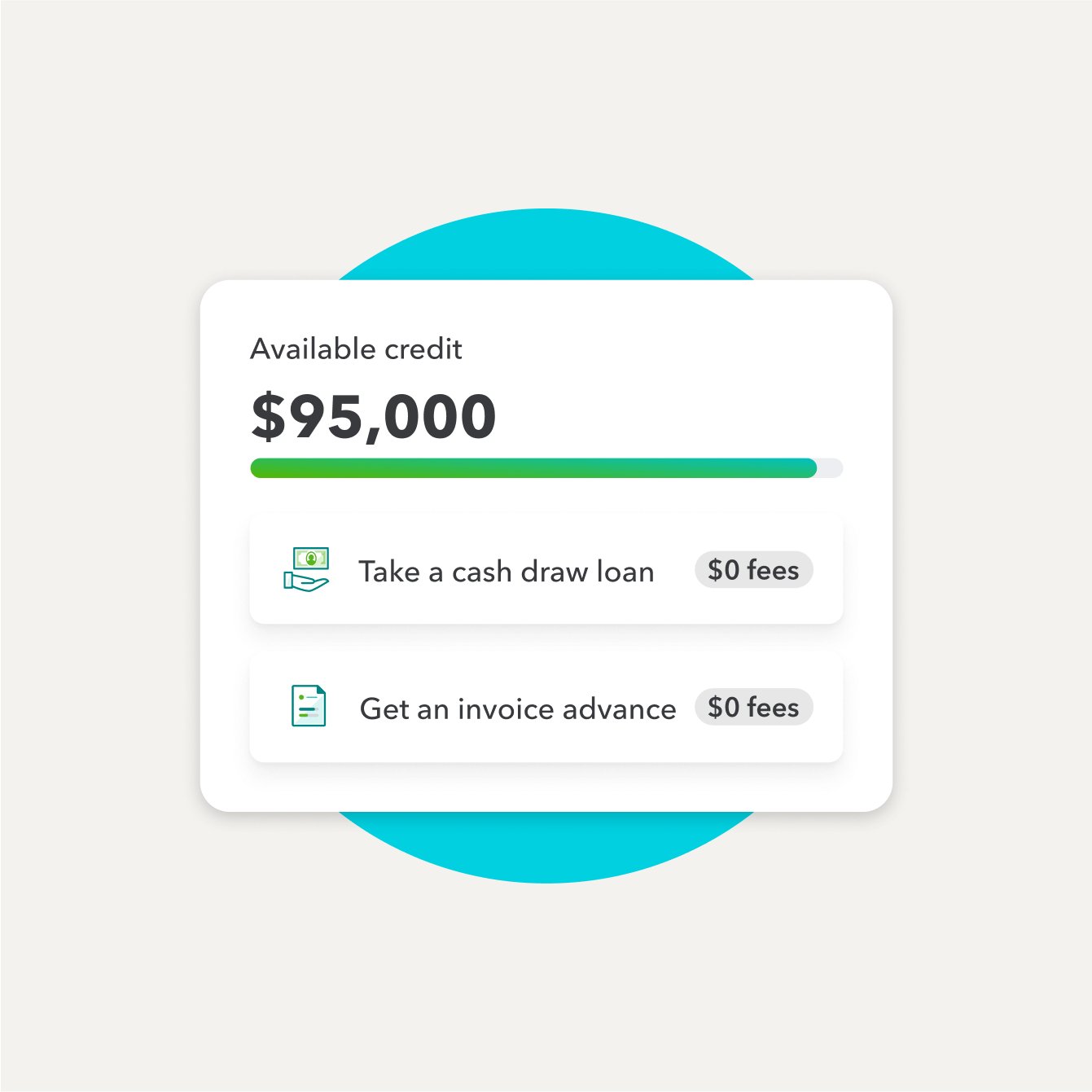 QuickBooks interface showing a credit line of $100,000 available for use, providing financial flexibility for businesses.