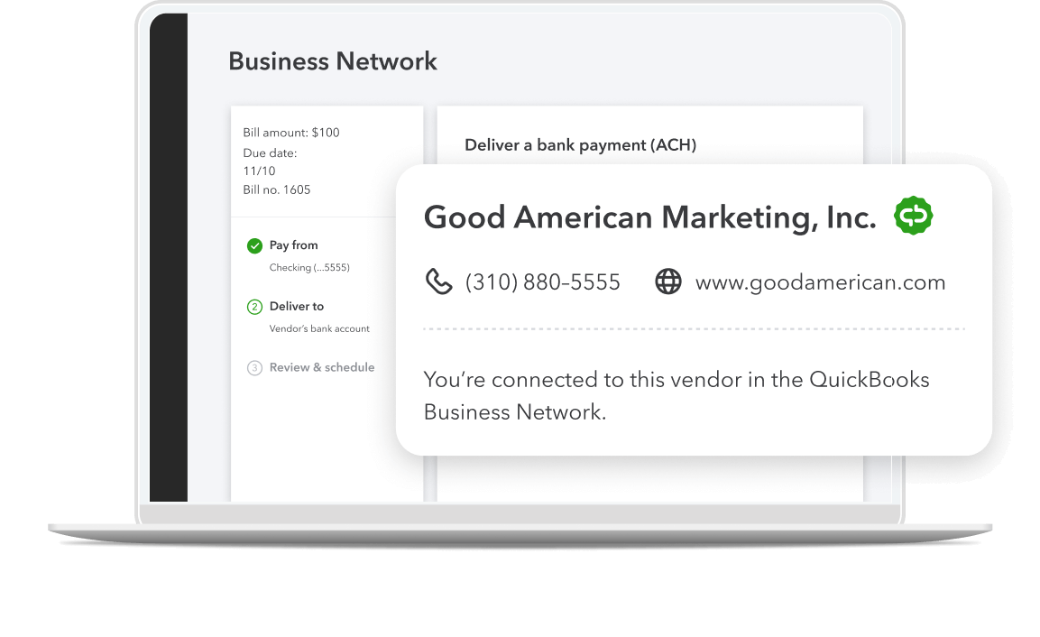 Laptop showing a bill in QuickBooks with pre-filled contact info for a vendor because they’re part of the business network.