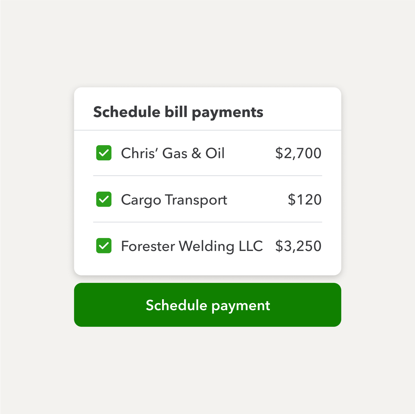 A product screen showing scheduling payments for several bills from different vendors.