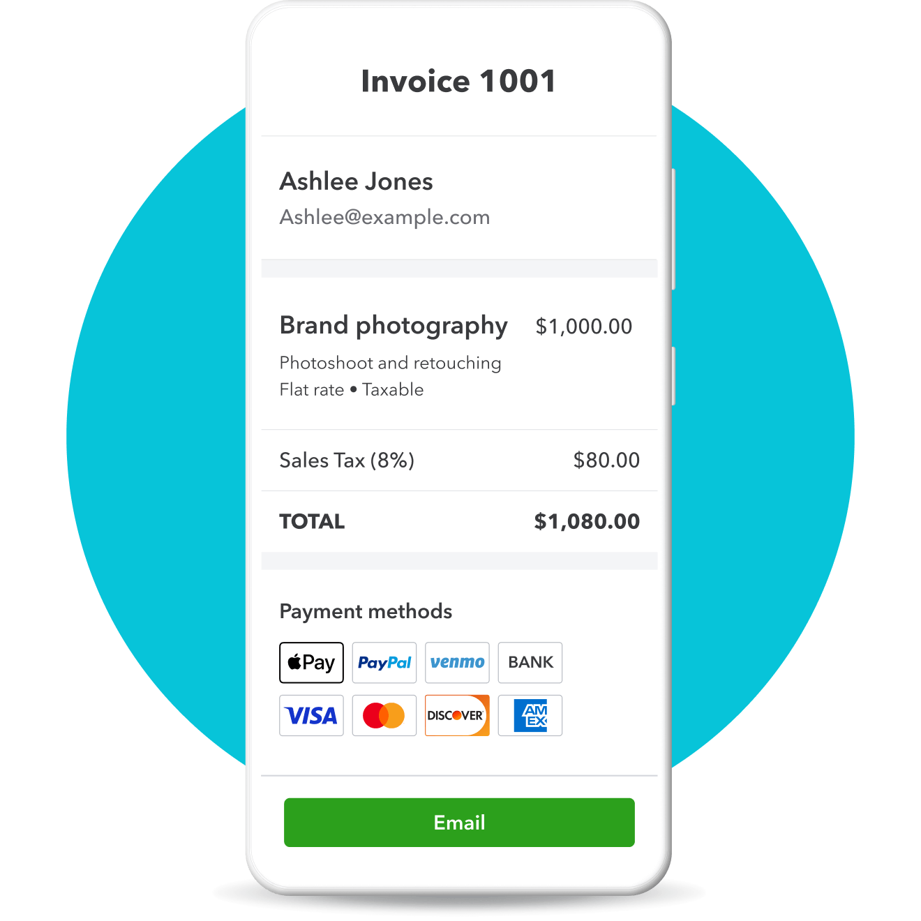 An image of a mobile device with a screen where someone is creating an invoice with multiple payment methods their customer can pay with. 