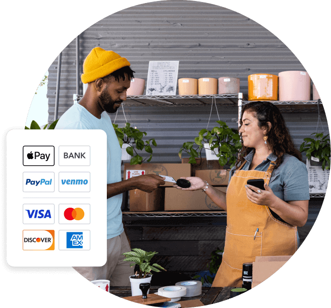 Let customers pay you in person or online. Accept credit cards, debit cards, bank transfers, ApplePay, Paypal, or Venmo.