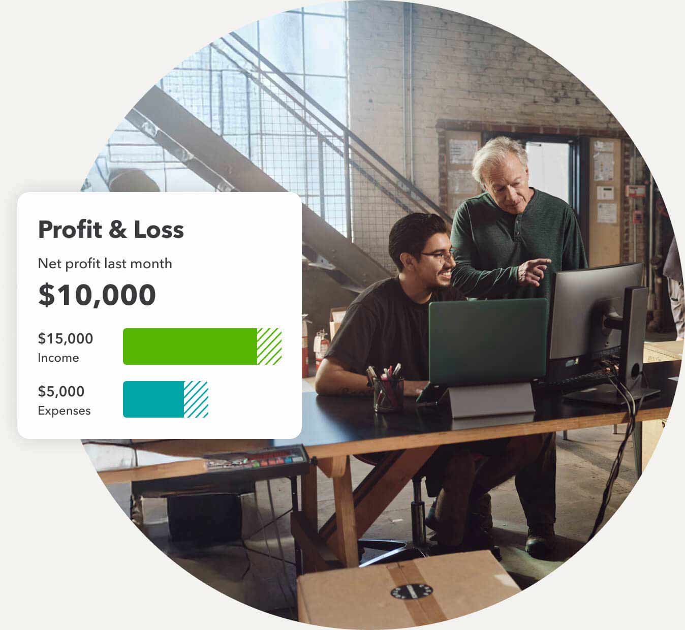 a man looking at computer and snapshot of profit and loss