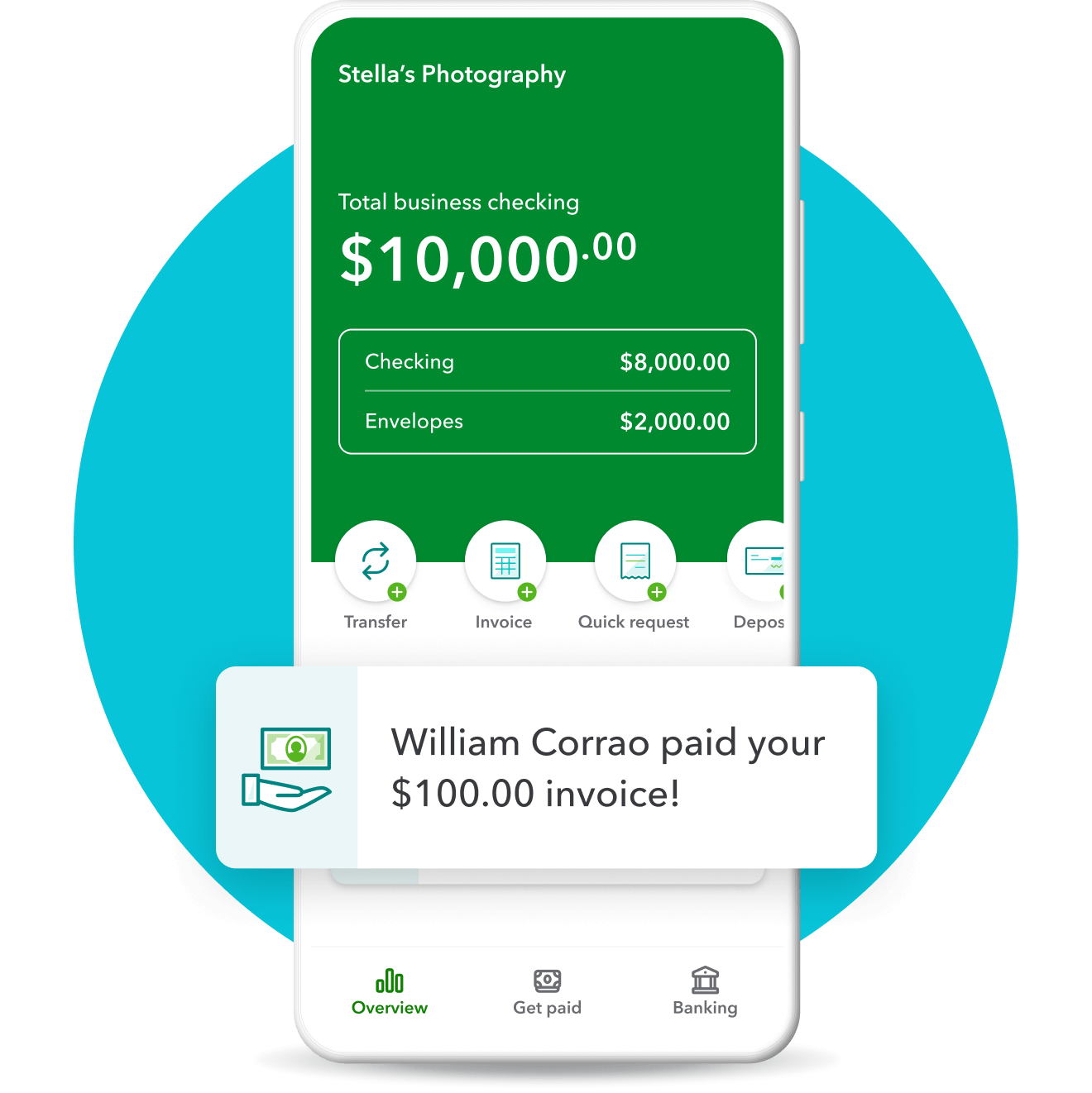 A phone showing Stella Photography’s business checking account balance of $1,587.00 and a paid $100.00 invoice.