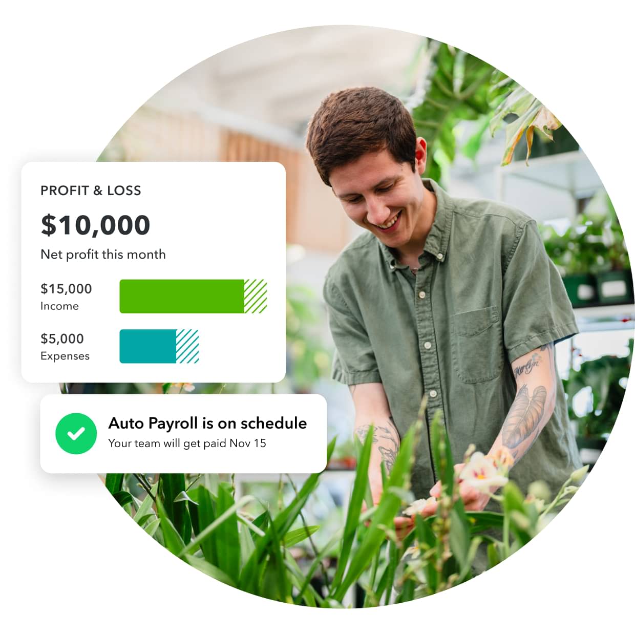 Shop owner holds a flower. Screen shows their income, expenses, and net profit. Screen shows Auto Payroll on schedule.