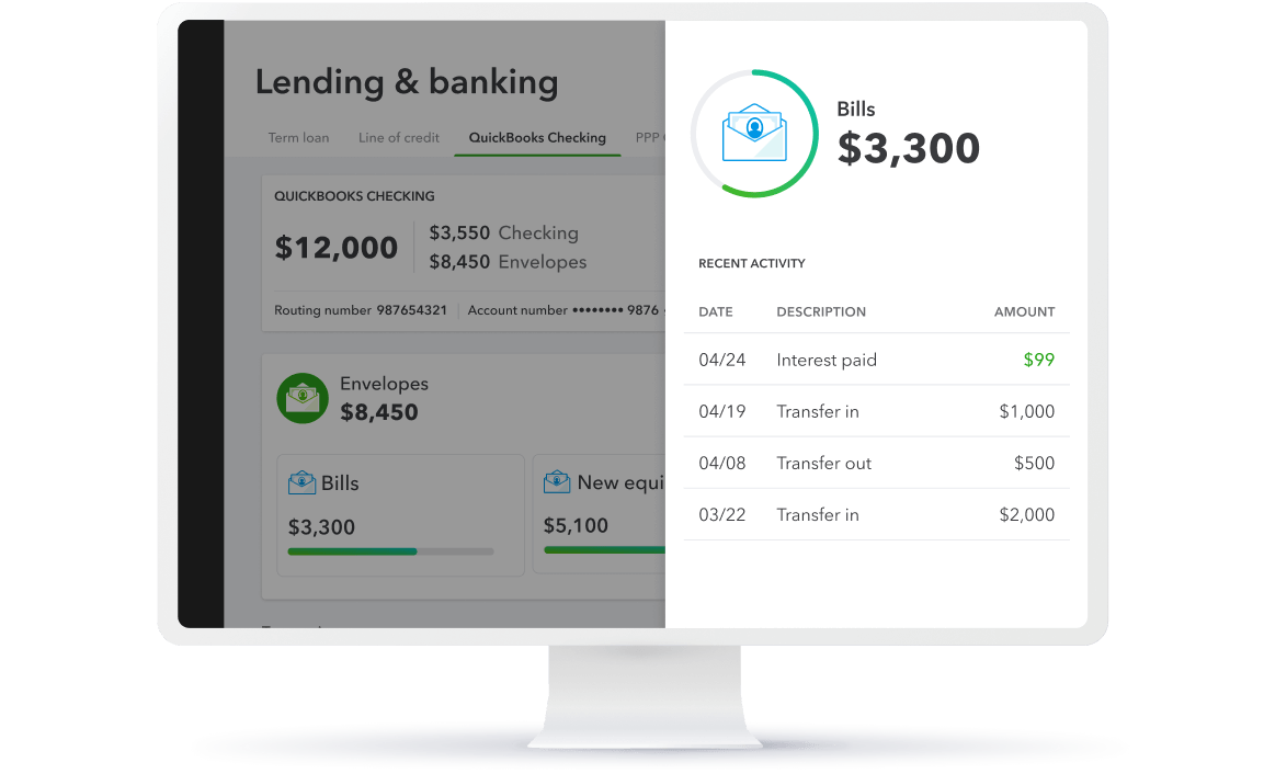 A QuickBooks checking account with a savings envelope set aside for bills.