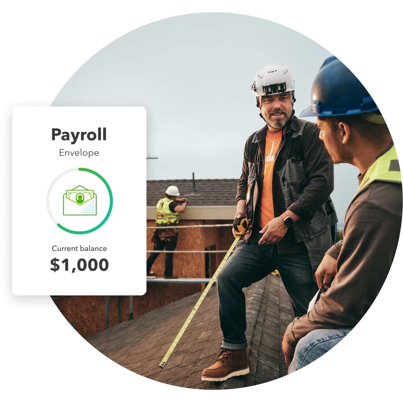 A man talks to one of his employees next to an image of a savings envelope of $1,000 he’s set aside for payroll.