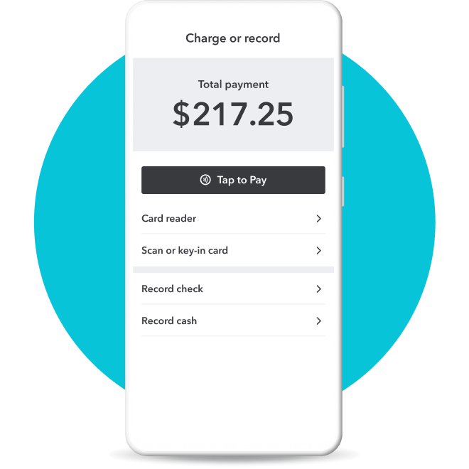 Multiple ways to take a payment: Tap to Pay on iPhone, card reader, scan or key-in card, record check, or record cash.