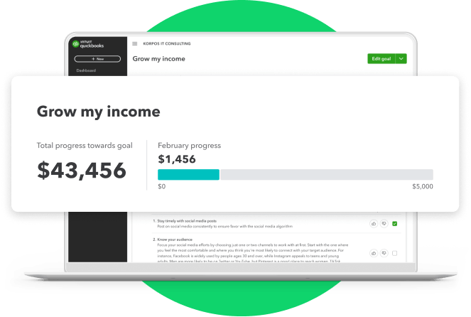 A laptop computer is open displaying the QuickBooks Soloprenuer goals dashboard and calling out the progress on growing in income.