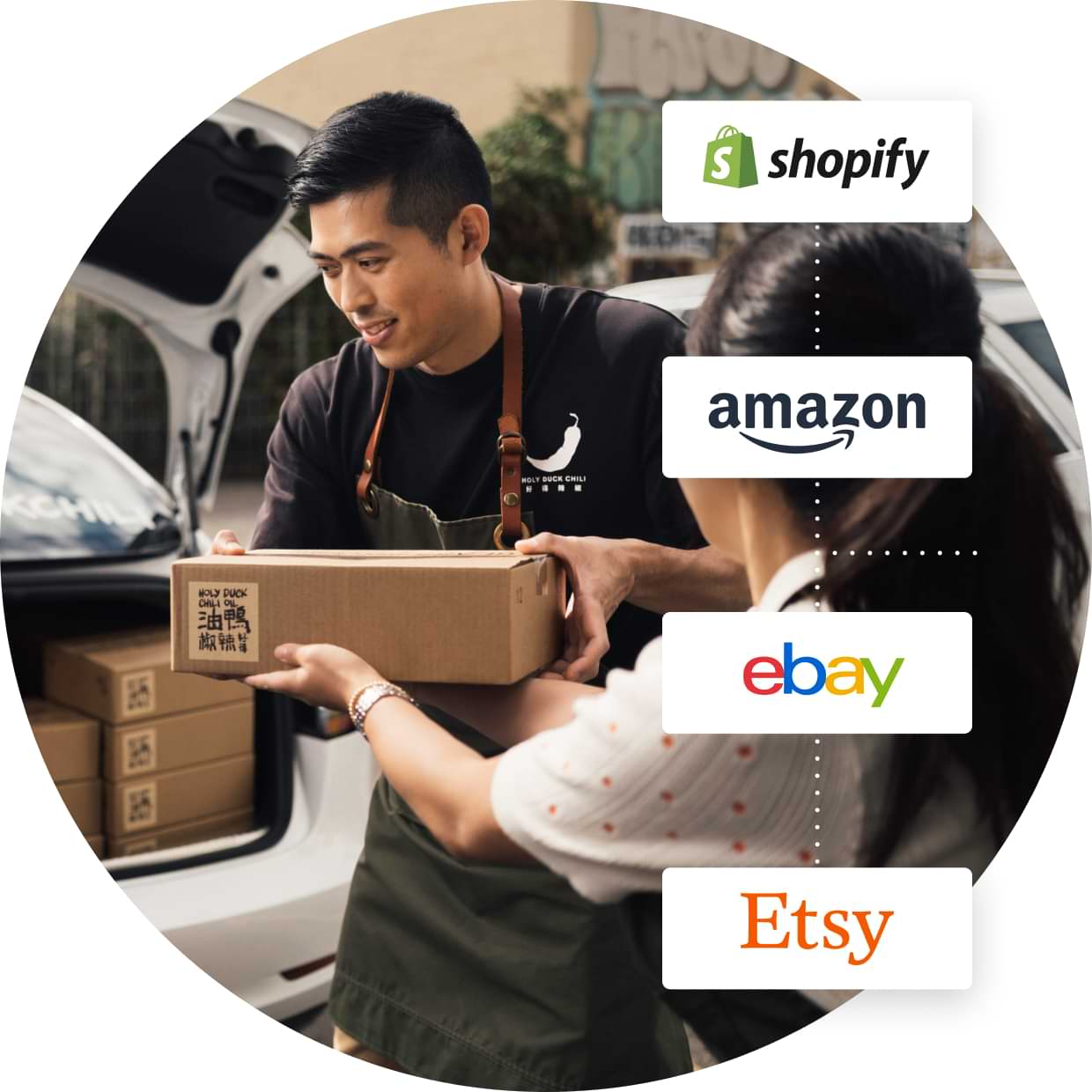 Photo of two small-business owners with a package that’s connected to e-commerce logos