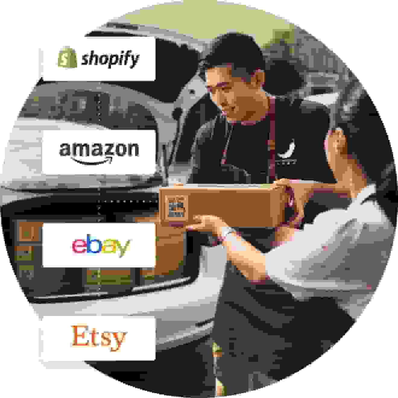 Photo of two small-business owners with a package that’s connected to e-commerce logos