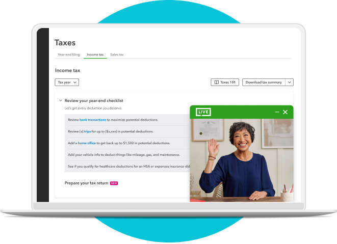 A laptop view of QuickBooks Online shows the income tax screen including a year-end tax checklist.