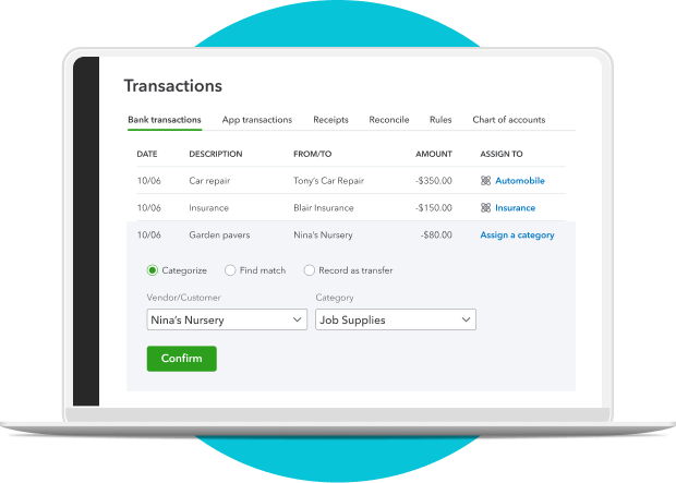 A laptop screen shows transactions for a business and how they are organized to make tracking easier.