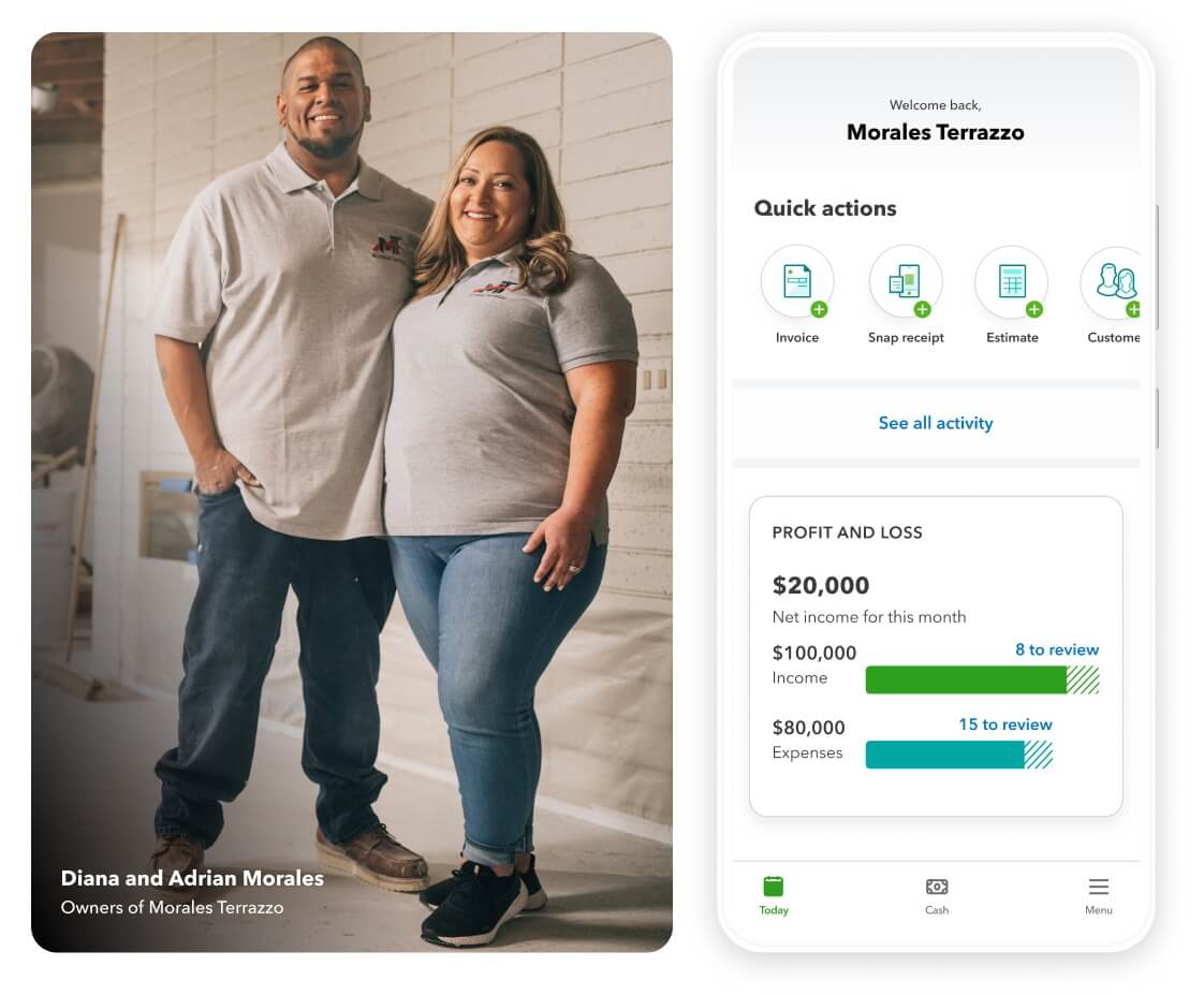 A phone screen showing the quick actions feature in the QuickBooks app next to two business owners on a job site smiling.