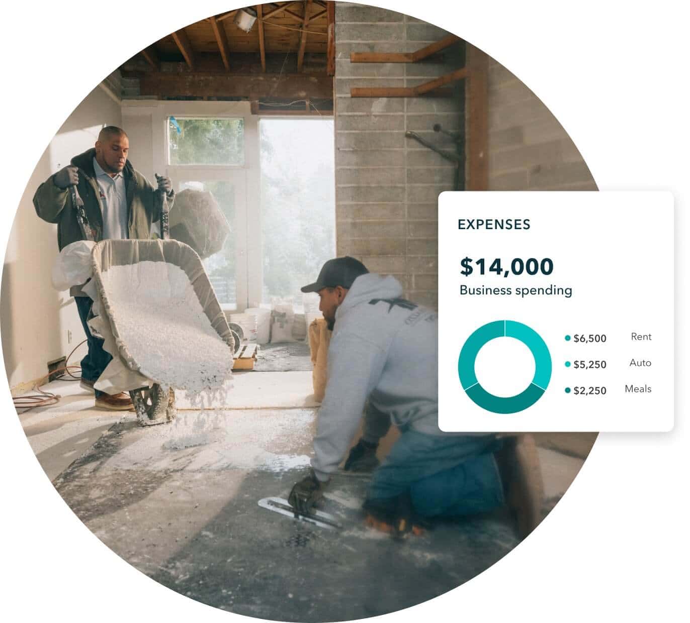 A screen showing an expenses overview next to a business owner on a construction site pouring our a wheelbarrow of cement.