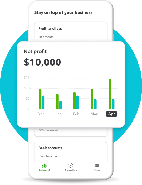 A QuickBooks product screen showing net profit for the month of April