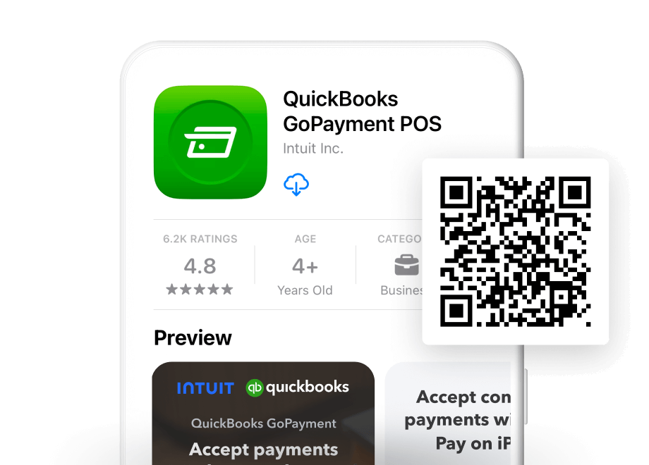 A mobile device with an app store listing for QuickBooks GoPayment and a QR code to download.