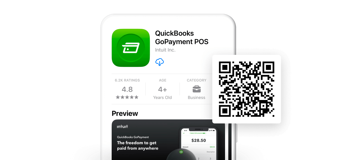 A mobile device with an app store listing for QuickBooks GoPayment and a QR code to download.