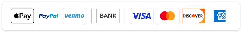 Online payment methods including ApplePay, PayPal, Venmo, bank transfers, Visa, Mastercard, Discover, and American Express. 