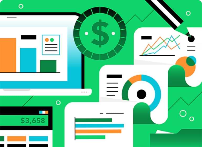 An illustration of various charts, graphs, and calculations highlighting business. 