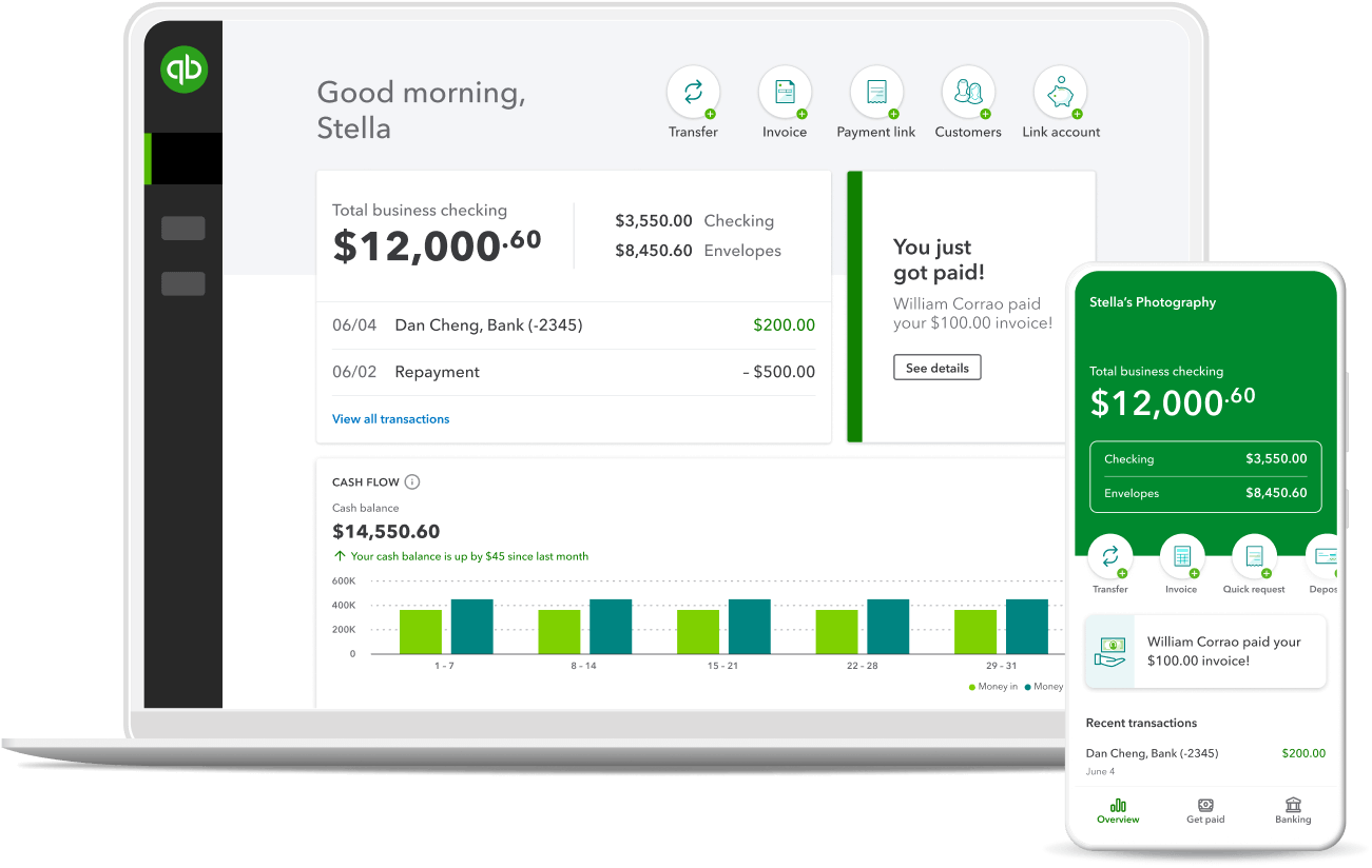 Dashboard view showing off product screens for QuickBooks Money on a laptop and mobile device