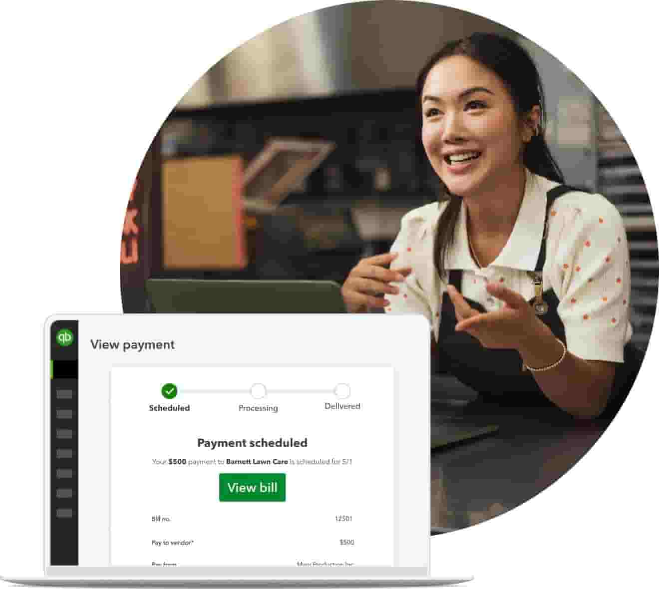 Restaurant owner using QuickBooks bill pay. Laptop is showing that a payment is scheduled.