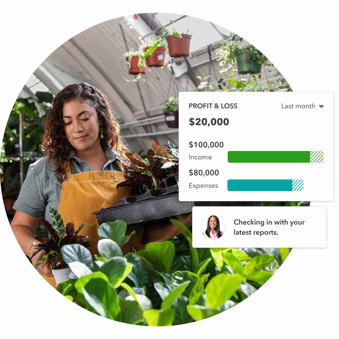 A small nursery business owner distributing potted plants in a nursery, and a profit and loss widget with a chat window with a bookkeeper is overlapping photo.