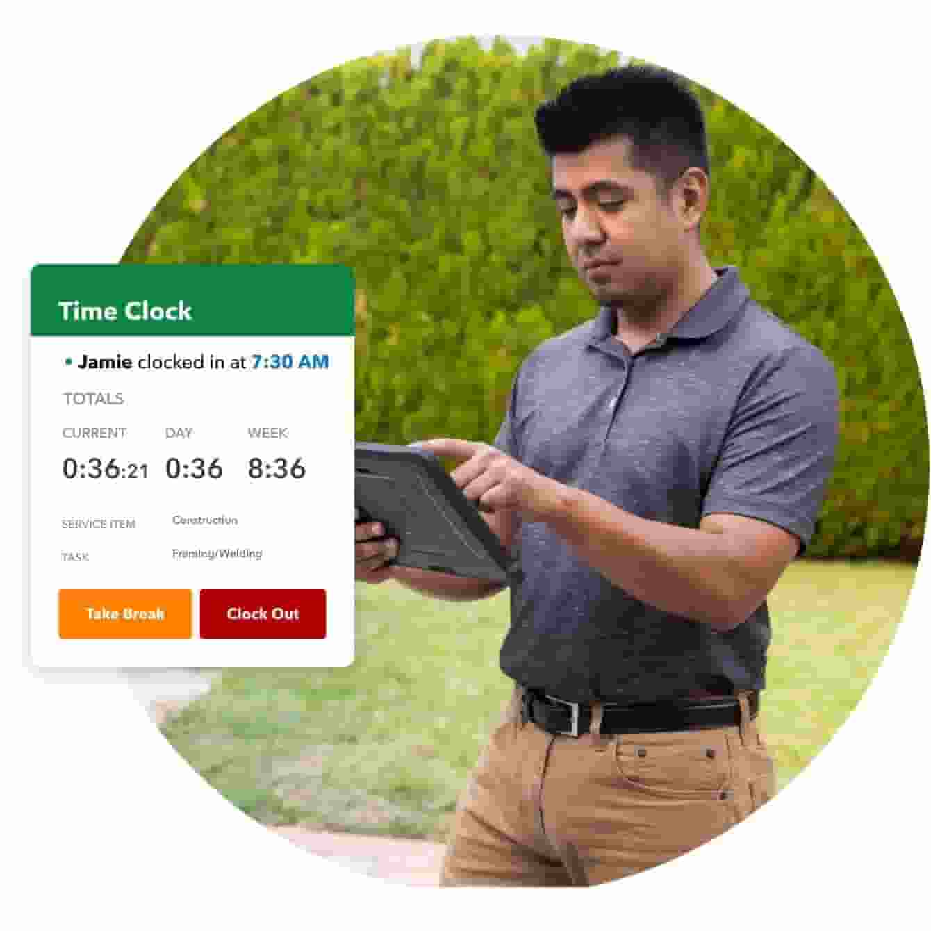 Photo of a person working outside on their tablet device. Overlayed on top the photo is an illustration of a time clock widget with buttons that read: take a break and clock out.