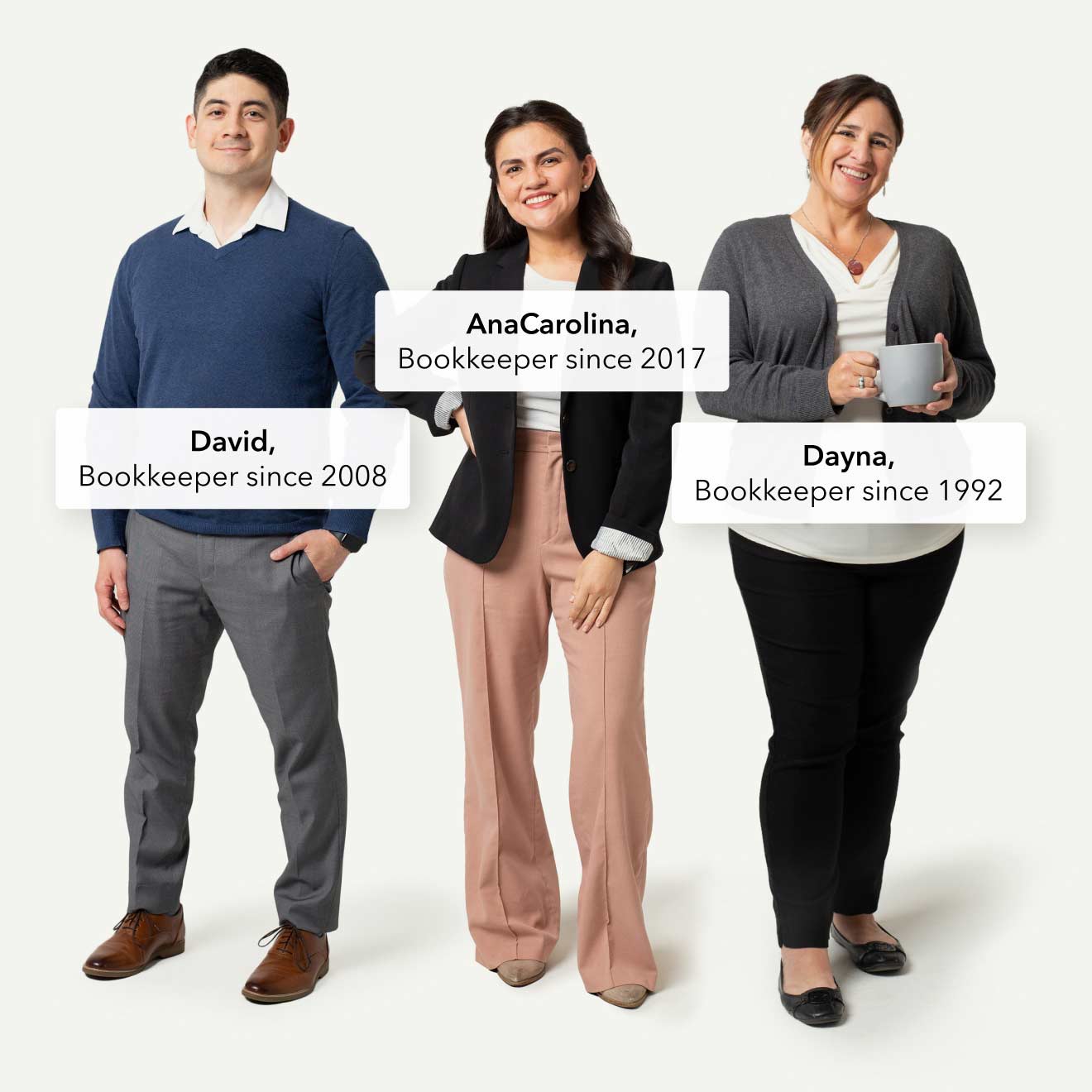 Three QuickBooks bookkeepers named David, AnaCarolina, and Dayna are standing in a row.