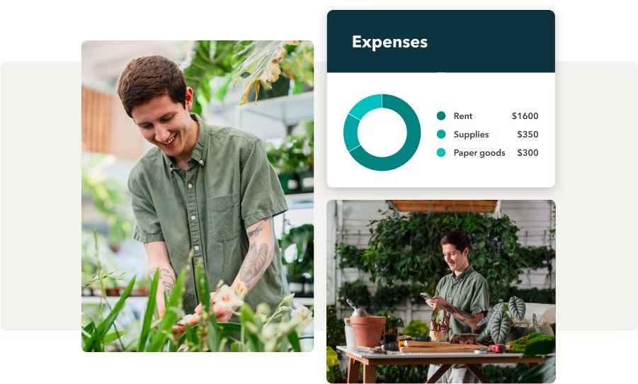 Male employee in plant store tracking business expenses on smartphone by work station