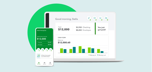 Laptop and mobile device showing QuickBooks Money dashboard.