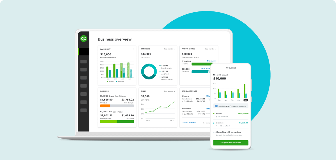 Laptop and mobile device showing QuickBooks Online dashboard.