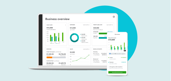 Laptop and mobile device showing QuickBooks Online dashboard.