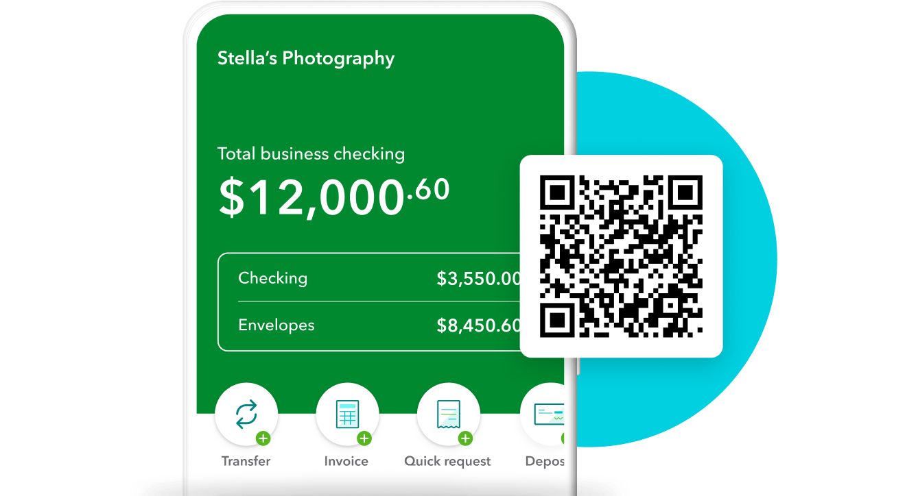 A phone showing Stella Photography’s business checking account balance of $1,587.00, a paid $100.00 invoice, and a QR code.