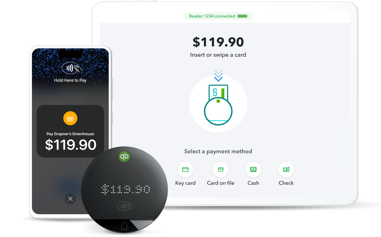 Tablet and mobile device showing GoPayment app on a tablet and phone next to a card reader displaying a $119.90 payment.