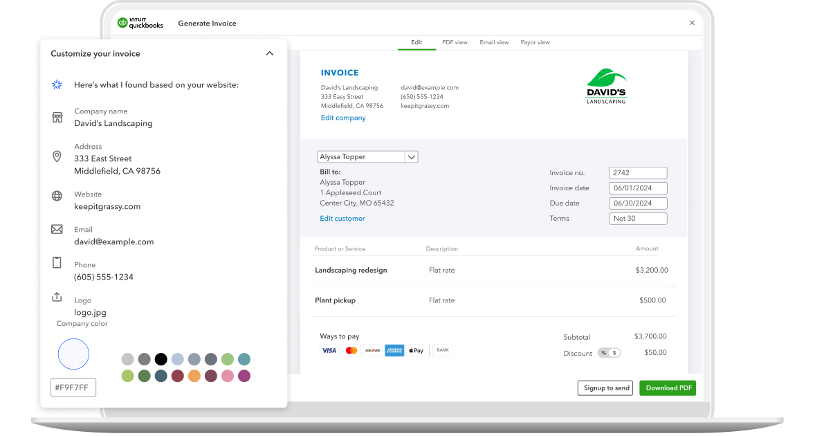 Intuit Assist’s invoice generator with company info, invoice info, line items, and totals.