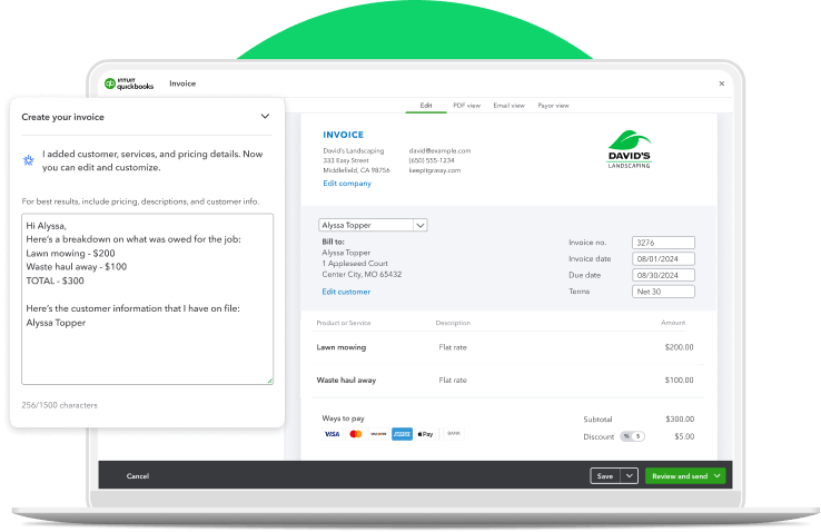 Laptop showing an Intuit Assist invoice-creation modal and the invoice it created.